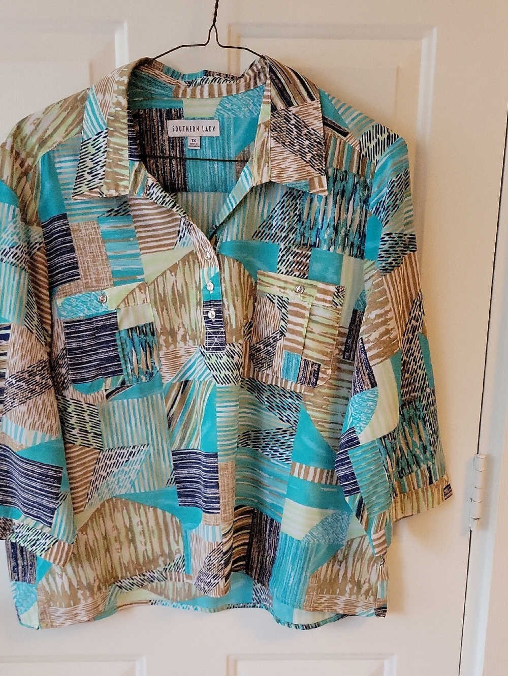 Southern Lady Teal, Tan & Navy Abstract Patchwork Men’s Button-Front Shirt
